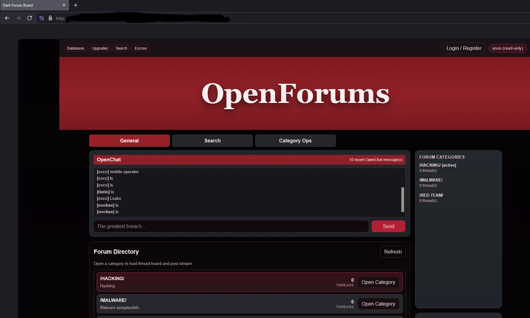 The onion site over Tor: a red-branded forum called OpenForums with an open chat box, category listing for hacking, malware and red-team boards, and an anonymous read-only session — the address bar blacked out