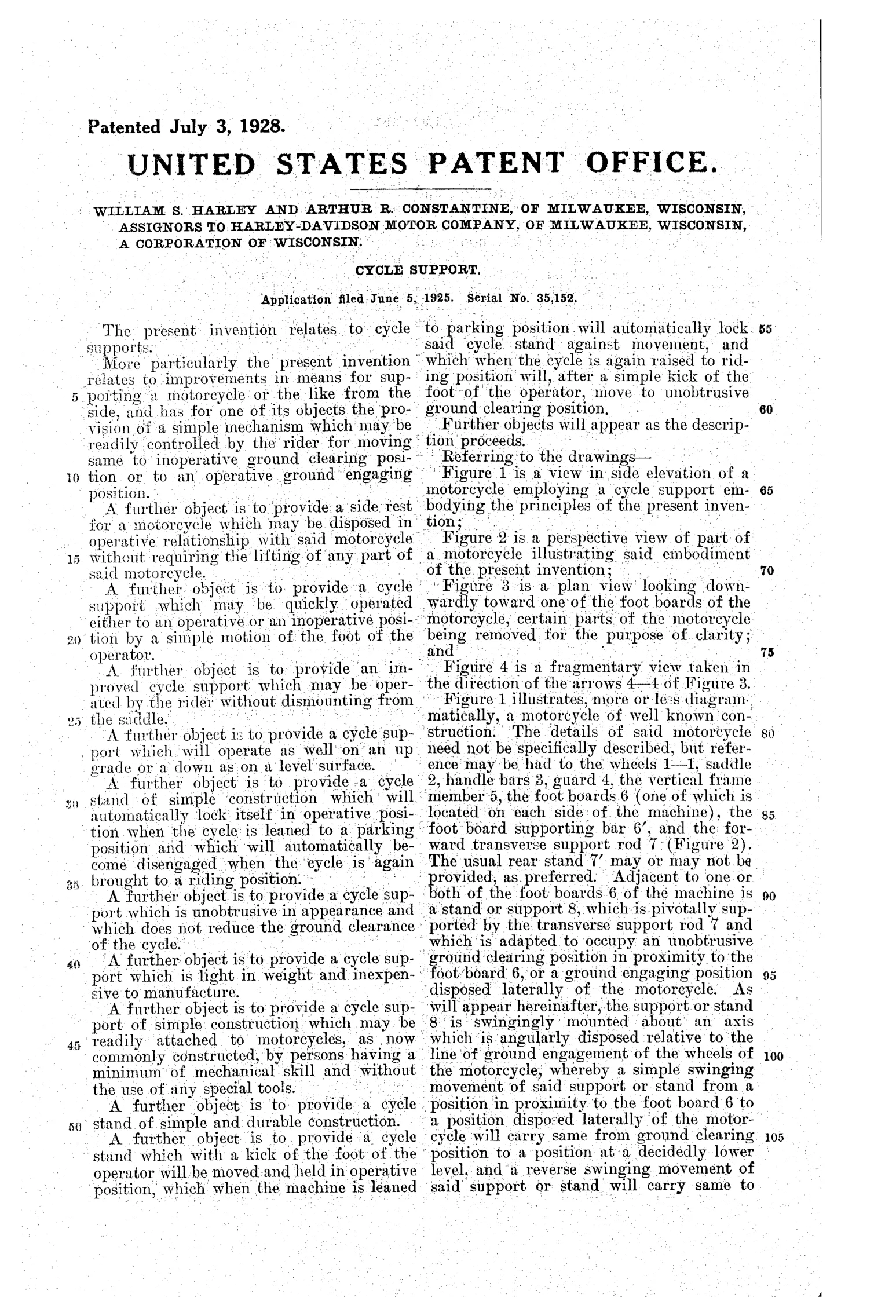 A 1920s US patent drawing sheet for a motorcycle stand, showing technical line drawings and a header block with inventor names, assignee, filing date and serial number — the grant number absent.