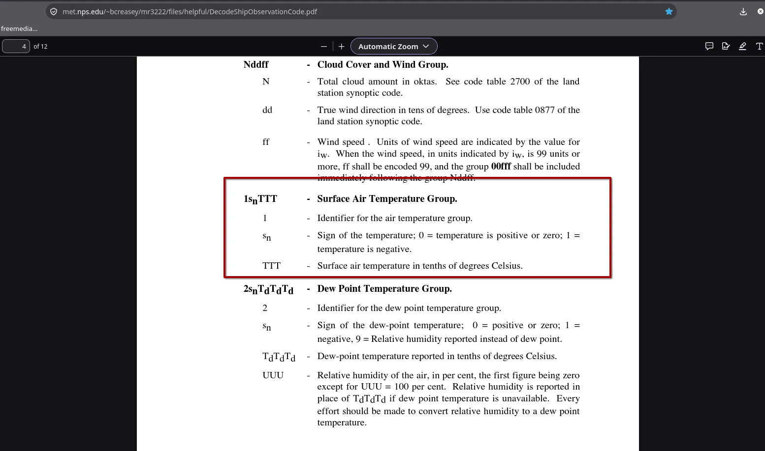 Page 4 of the NPS ship code guide, with a red box around the definition: 1snTTT, Surface Air Temperature Group. 1, identifier for the air temperature group. sn, sign of the temperature; 0 = positive or zero; 1 = negative. TTT, surface air temperature in tenths of degrees Celsius