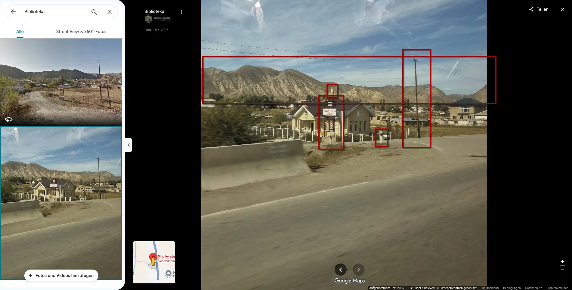 Google Maps user photo for Biblioteka next to the challenge photo: red boxes around the same ridge, the same sign frame, the same roadside post and the same utility pole, with the yellow building behind the fence