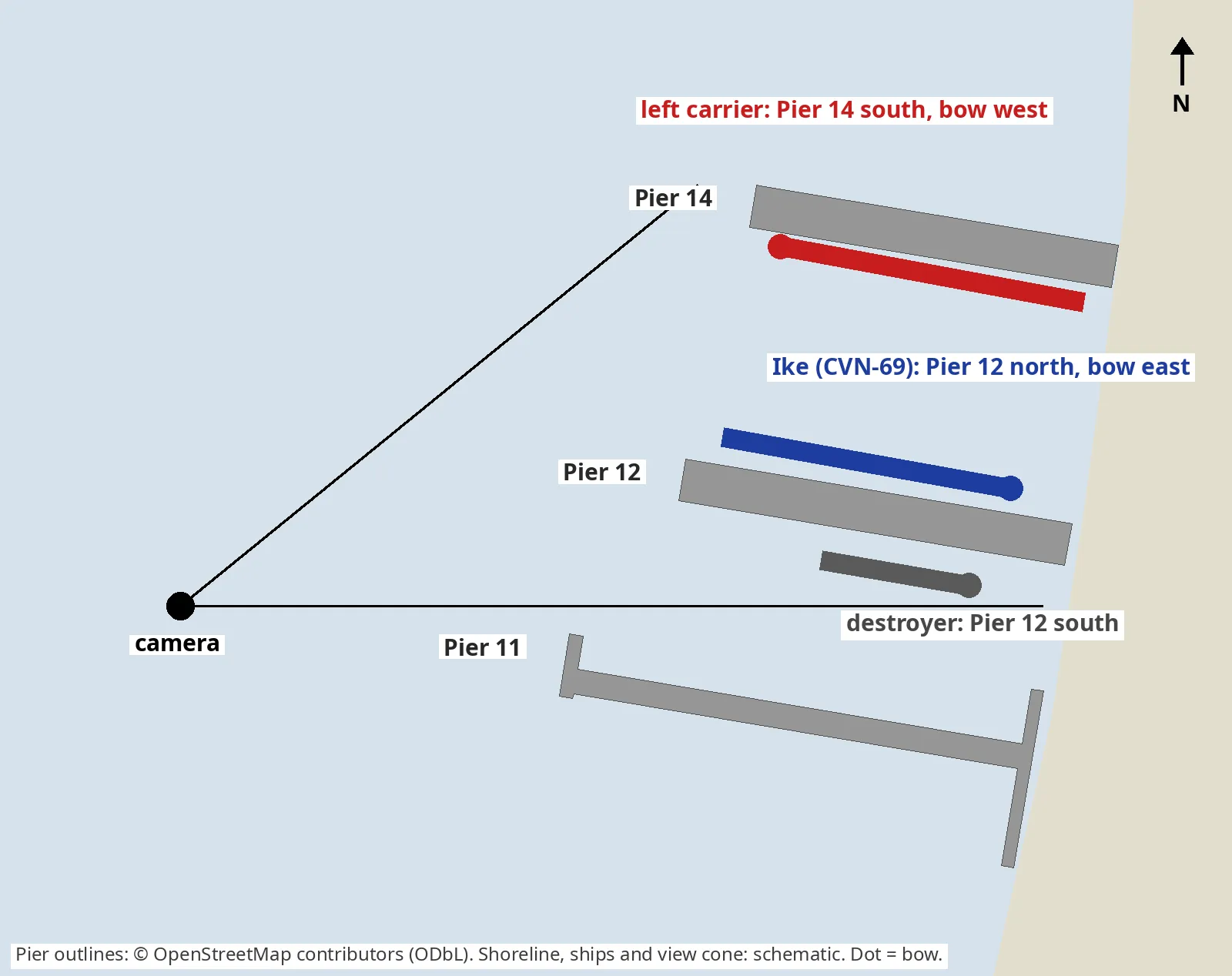 A schematic map of Naval Station Norfolk's Piers 11, 12 and 14 from OpenStreetMap outlines: the camera on the water to the west, a view cone opening to the north-east, Ike drawn on the north side of Pier 12 with its bow east, the left carrier on the south side of Pier 14 with its bow west, and a destroyer on the south side of Pier 12