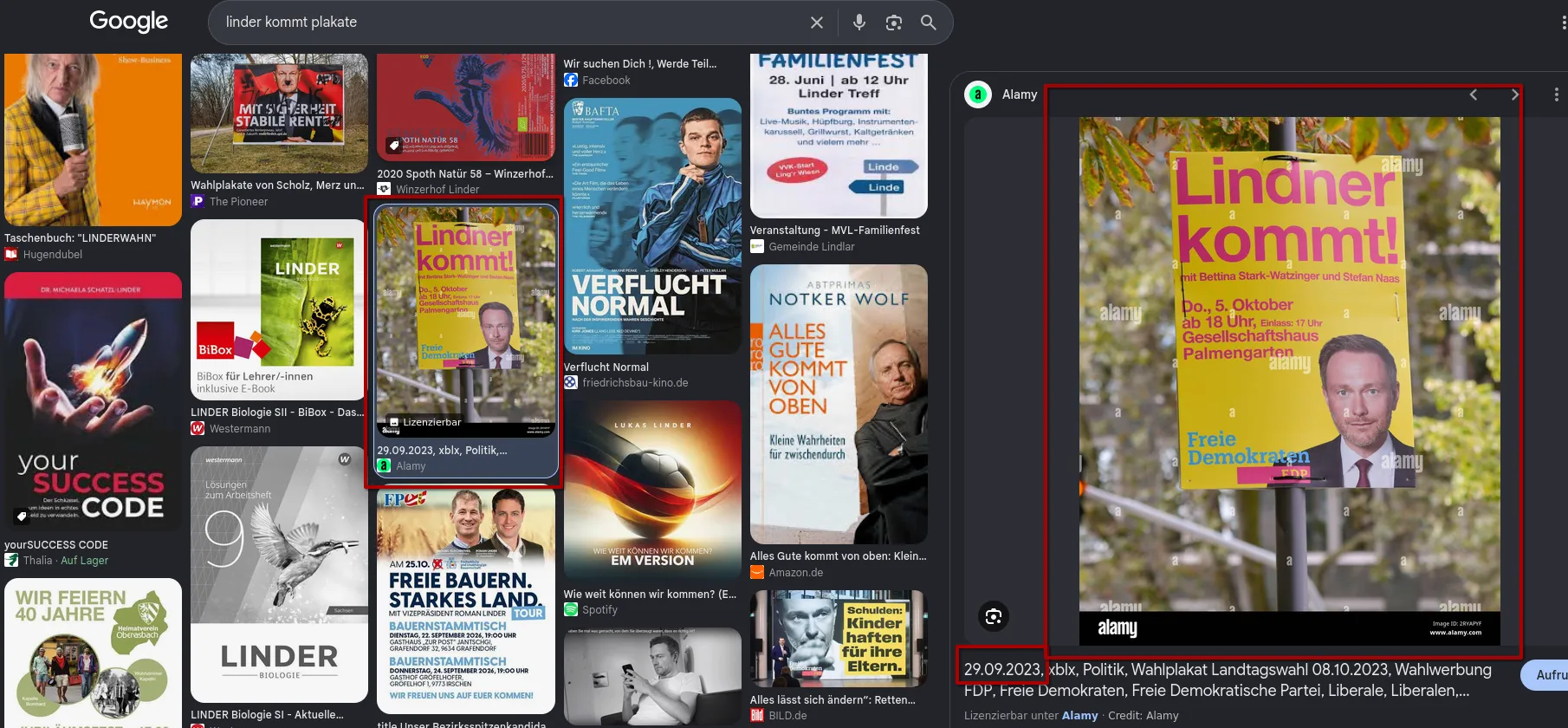 Google image results for linder kommt plakate, with an Alamy photo boxed in red: a yellow FDP poster reading Lindner kommt! mit Bettina Stark-Watzinger und Stefan Naas, Do., 5. Oktober ab 18 Uhr, Gesellschaftshaus Palmengarten; the caption reads 29.09.2023, xblx, Politik, Wahlplakat Landtagswahl 08.10.2023, Wahlwerbung FDP