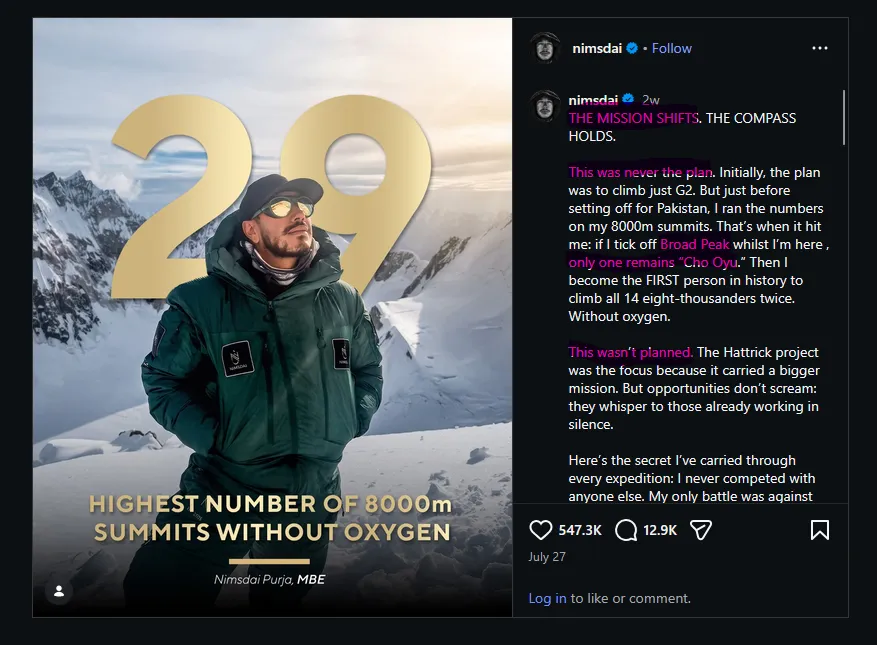 Instagram post by nimsdai titled "THE MISSION SHIFTS. THE COMPASS HOLDS.", explaining that the plan was to climb G2 but Broad Peak was added, leaving only Cho Oyu to complete all 14 eight-thousanders twice without oxygen