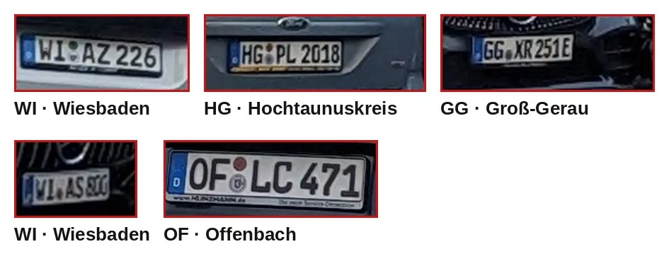 Five number plate crops from the challenge photo with their district codes labelled: WI Wiesbaden, HG Hochtaunuskreis, GG Groß-Gerau, WI Wiesbaden, OF Offenbach