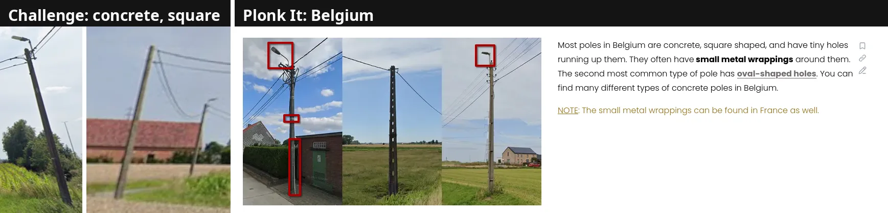 Left: the two poles from the challenge image, cropped, both grey concrete with a square section, one with a lamp on top. Right: Plonk It's Belgium page showing the same square concrete poles with small holes and metal wrappings, and a lamp mounted at the top