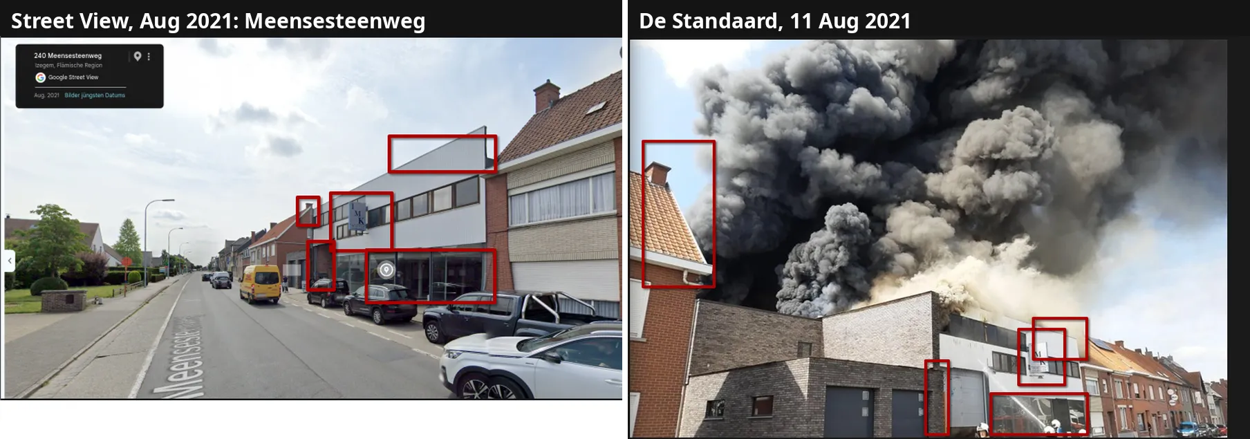Left: Street View, August 2021, Meensesteenweg Izegem, a white two-storey commercial building with a band of windows and a small blue IMK sign, next to a brick house. Right: De Standaard's photo of the fire from the same street, black smoke over the same white building, red boxes on both marking the same roofline, chimney, IMK sign, window band and shopfront