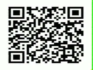 The decoded Robot 36 frame — 320×240, a QR code filling the whole raster with the green sync artefact down the right edge, which is what a clean SSTV decode of a synthetic image looks like