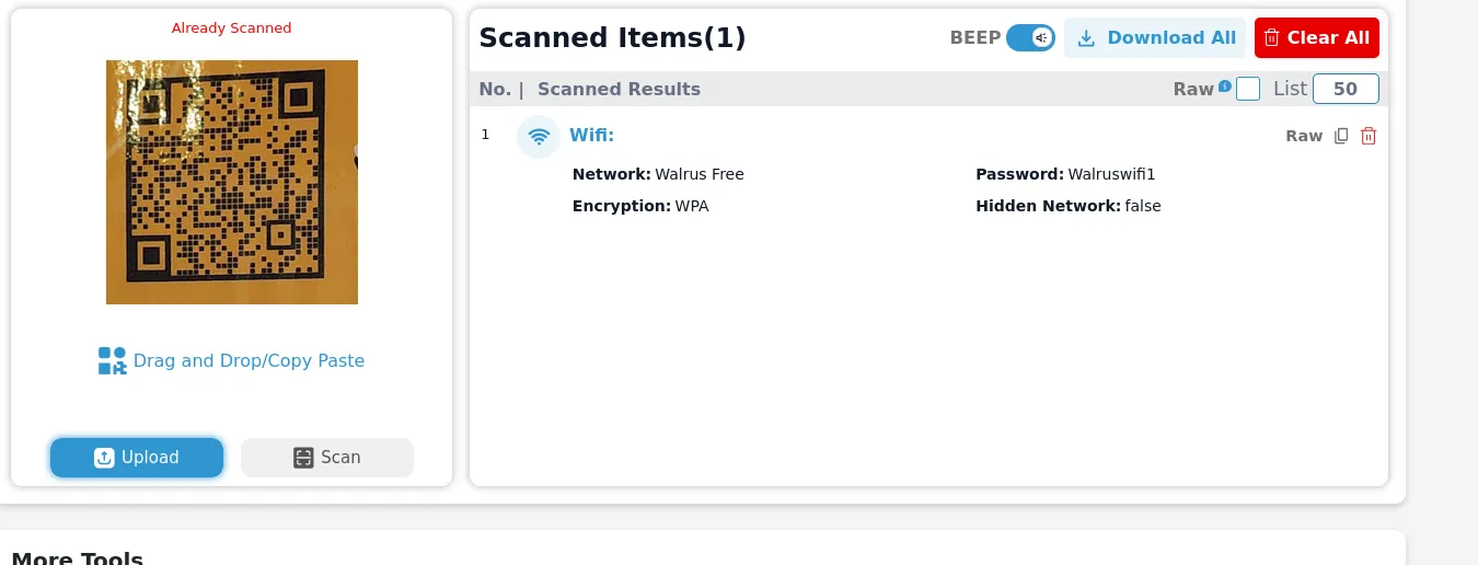 QR decoder output: Wifi — Network 'Walrus Free', Password 'Walruswifi1', Encryption WPA, Hidden Network false