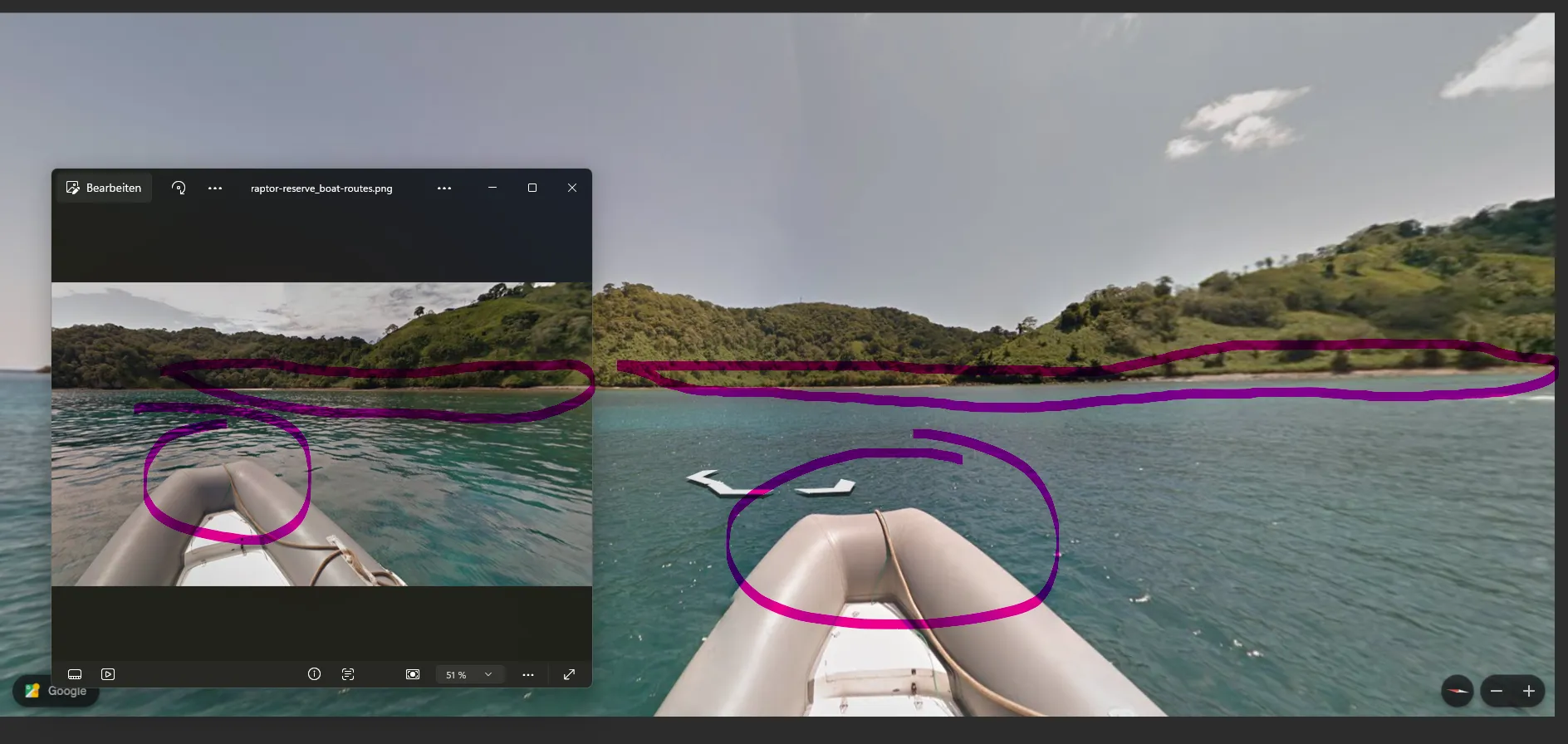 Side by side: the challenge boat image on the left in a photo viewer, live Google Street View from the boat collection on the right, the identical grey inflatable bow and its rope circled in both, and the forested shoreline traced with a magenta line across each