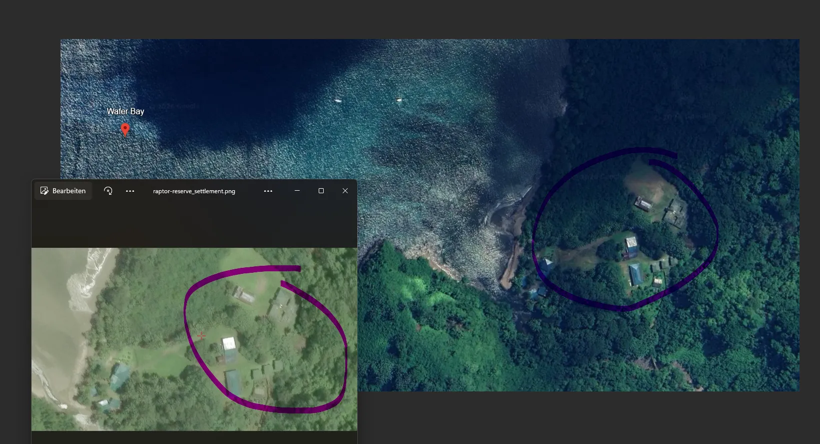 Side by side: the challenge satellite crop on the left in a photo viewer, Google Earth at Wafer Bay on the right, the same cluster of ranger-station buildings circled in each, the labelled Wafer Bay pin on the water to the left of both