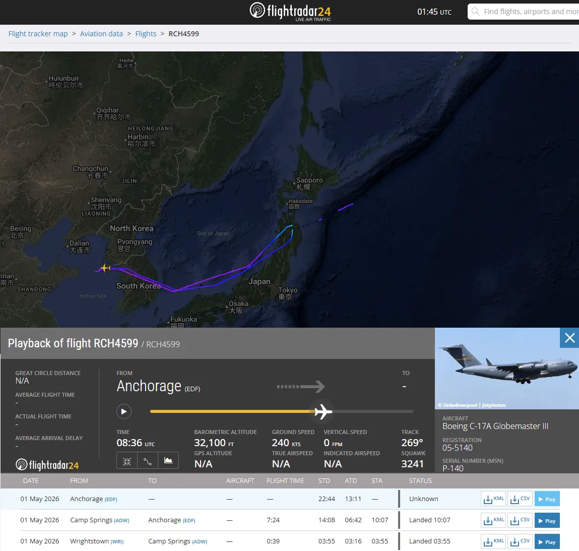 Flightradar24 playback of RCH4599 over the Yellow Sea with a blank destination field
