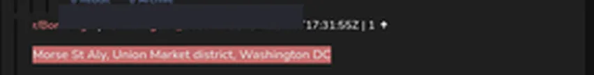 A recovered r/Bombing comment, username redacted, reading "Morse St Aly, Union Market district, Washington DC" highlighted in the archive