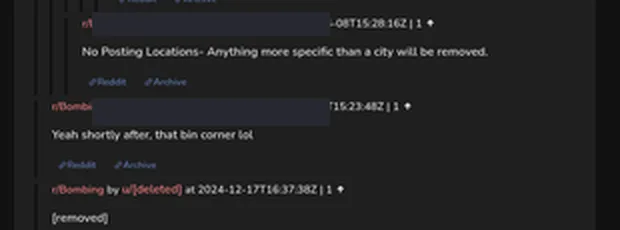 A Reddit moderator note reading "No Posting Locations- Anything more specific than a city will be removed", a reply "Yeah shortly after, that bin corner lol", and a following comment showing only "[removed]"; usernames redacted