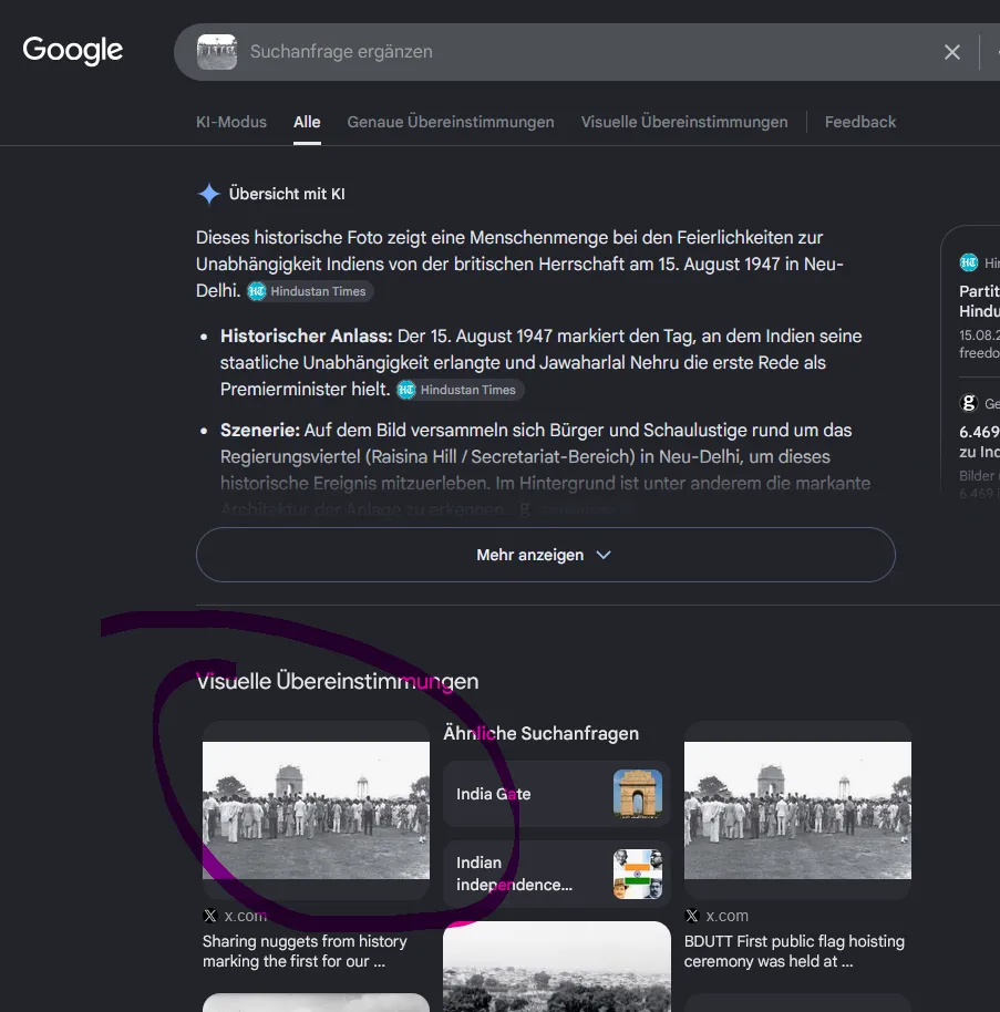Reverse image search on the photograph: the AI overview and visual matches identify India's independence celebrations of 15 August 1947 in New Delhi, with matching posts on x.com