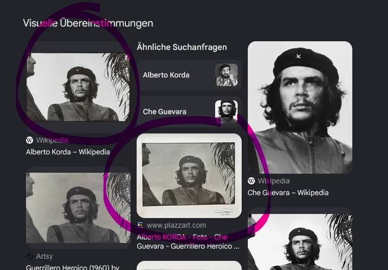 Reverse image search results: visual matches lead with the Wikipedia articles for Alberto Korda and Che Guevara, plus print-shop listings crediting "Alberto KORDA"