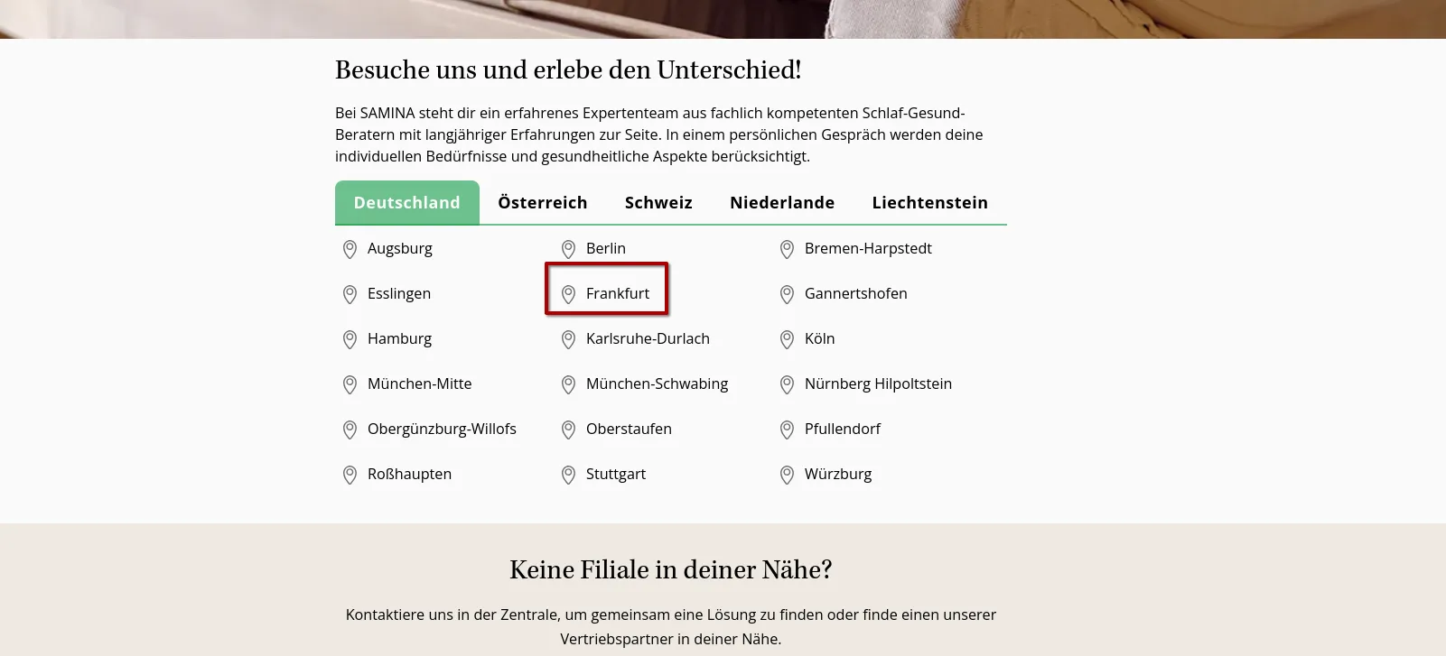 The SAMINA store list for Germany: Augsburg, Berlin, Bremen-Harpstedt, Esslingen, Frankfurt (boxed in red), Gannertshofen, Hamburg, Karlsruhe-Durlach, Köln, München-Mitte, München-Schwabing, Nürnberg Hilpoltstein, Obergünzburg-Willofs, Oberstaufen, Pfullendorf, Roßhaupten, Stuttgart, Würzburg