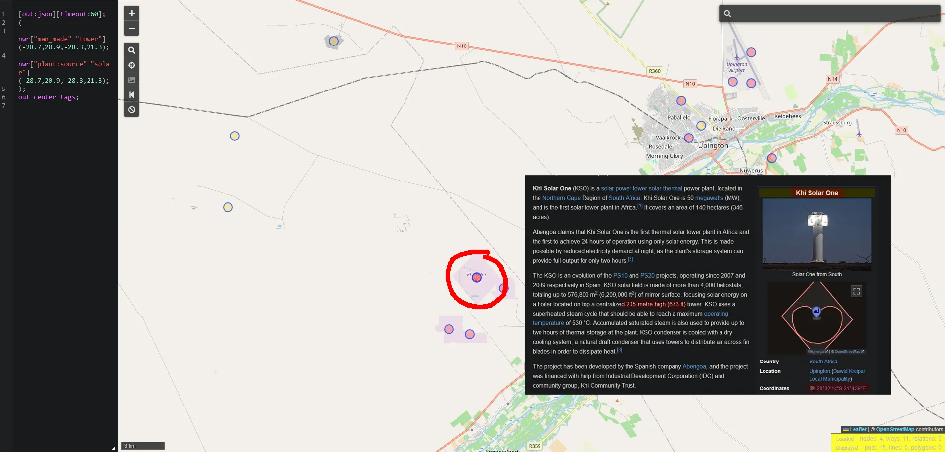 Overpass Turbo result map around Upington with the Khi Solar One site circled in red, next to the Wikipedia article with the 205-metre tower height highlighted and the infobox listing 28°32′14″S 21°4′39″E