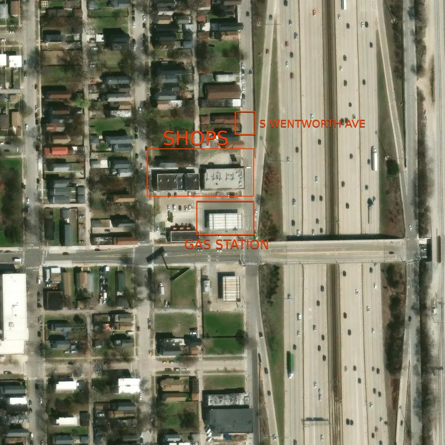 Annotated satellite view: boxes labelled SHOPS around the strip mall, GAS STATION around the canopy just south of it, and S WENTWORTH AVE on the road running north–south between the station and the Dan Ryan Expressway; the W 43rd St bridge crosses the expressway just below the station