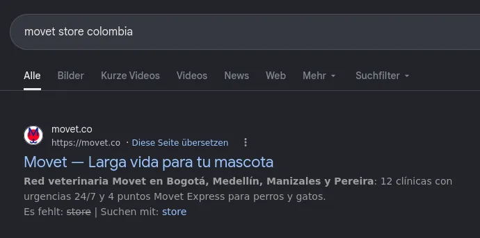 Google results for movet store colombia: movet.co, Movet, Larga vida para tu mascota, a network of veterinary clinics in Bogotá, Medellín, Manizales and Pereira