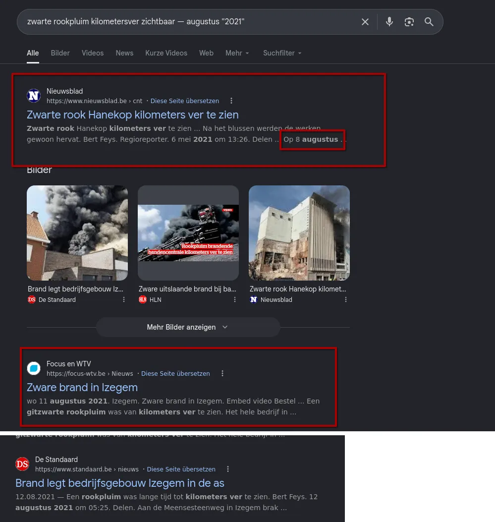 Google results for the quoted query: the first hit is Nieuwsblad on a black smoke plume at Hanekop, dated 6 May 2021, the second is Focus en WTV, Zware brand in Izegem, dated 11 August 2021, describing a pitch-black plume visible for kilometres; below it De Standaard, 12 August 2021, Brand legt bedrijfsgebouw Izegem in de as, naming the Meensesteenweg