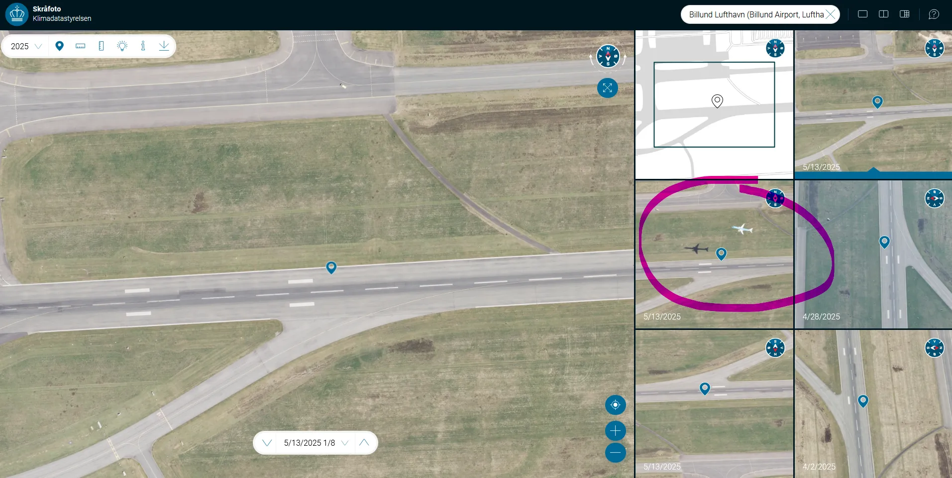 Skråfoto viewer with the direction thumbnails in the sidebar, the north oblique containing the aircraft circled