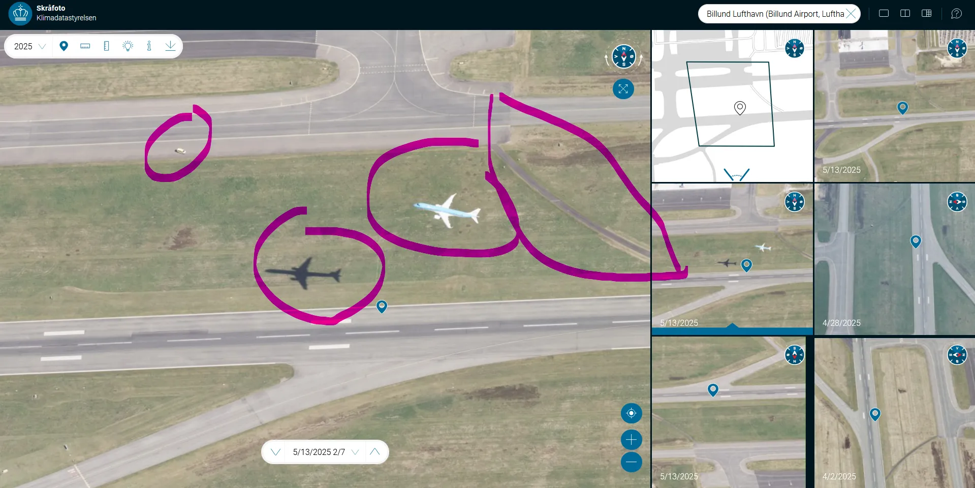 Skråfoto viewer showing the north oblique of 13 May 2025 with the aircraft, its shadow, and the taxiway vehicle circled