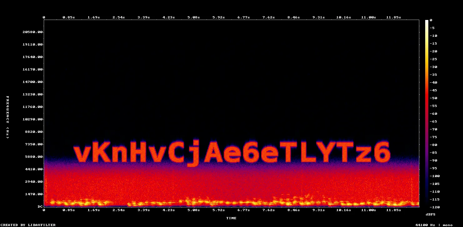 Spectrogram of the Vocaroo audio: the string vKnHvCjAe6eTLYTz6 rendered as text in the 4.4 to 8.8 kHz band above the music energy