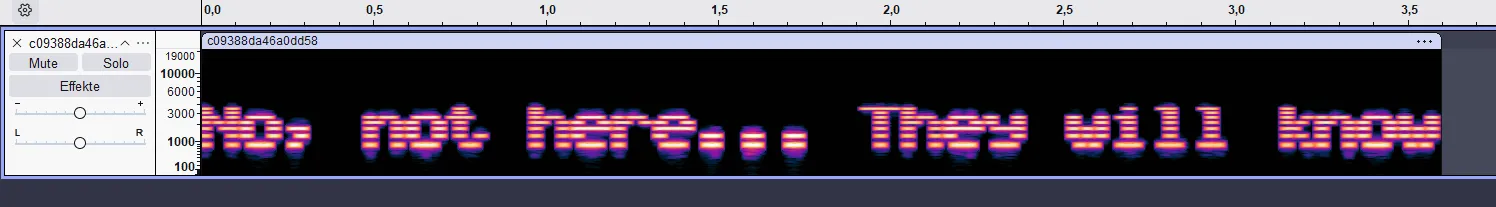 The full 0–22 kHz spectrogram of the 3.6 s decoy — the glyphs sit in a single band below 3 kHz and read left to right across the clip's whole duration, legible only because nothing is zoomed