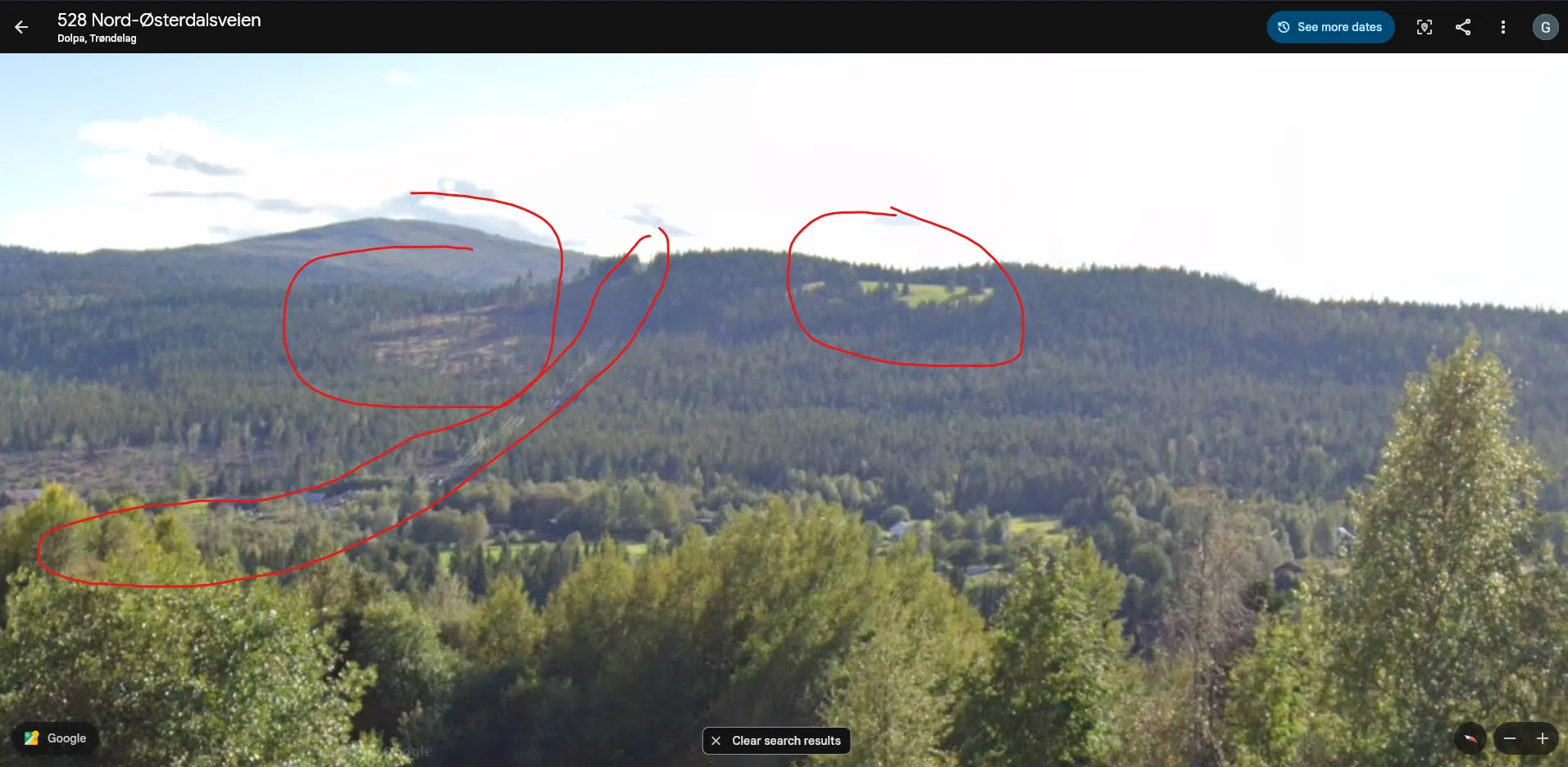 Google Street View at 528 Nord-Østerdalsveien in Dolpa, Trøndelag, with red annotations tracing the power-line corridor and circling the clear-cut and the ridge clearing