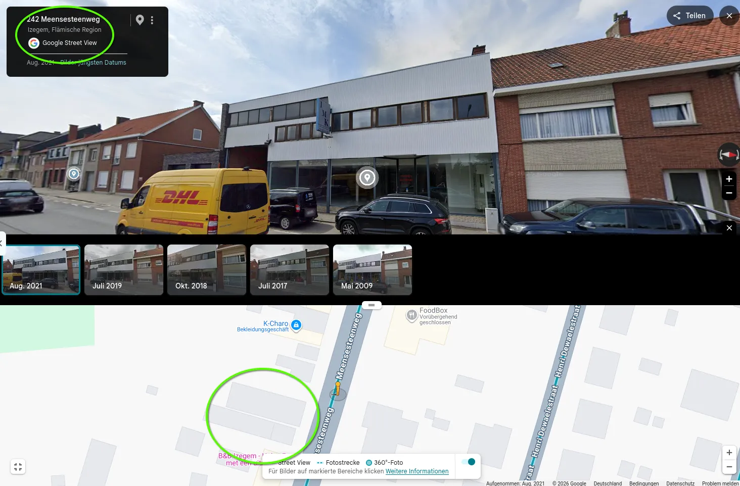 Street View at 242 Meensesteenweg, Izegem, August 2021, with the timeline open: captures from May 2009, July 2017, October 2018, July 2019 and August 2021 of the same white building; the map below marks the building footprint on the west side of the Meensesteenweg