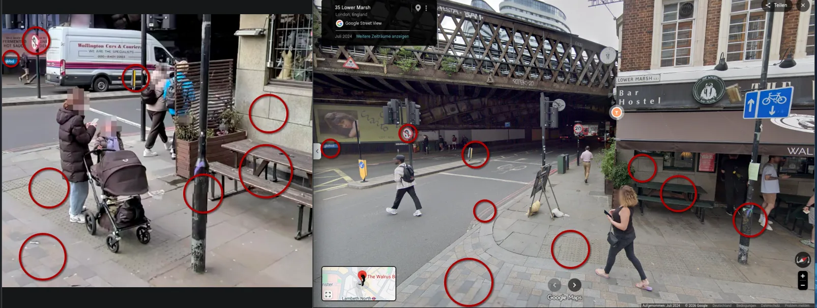 Side-by-side: the challenge photo on the left and Google Street View at 35 Lower Marsh (July 2024) on the right, with matching red circles on the no-entry sign, the blue Global logo, the yellow bollard, the tactile paving, the stone wall, the picnic benches, the black signal pole and the paving pattern