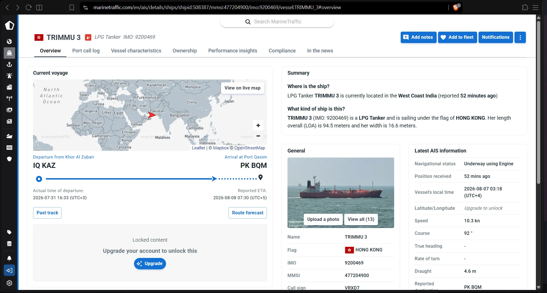 The coordinator's terminal: MarineTraffic overview for TRIMMU 3. The four values that drive the whole chain — MMSI 477204900, speed 10.3 kn, call sign VRXD7, route IQ KAZ → PK BQM — are all in this one screenshot.
