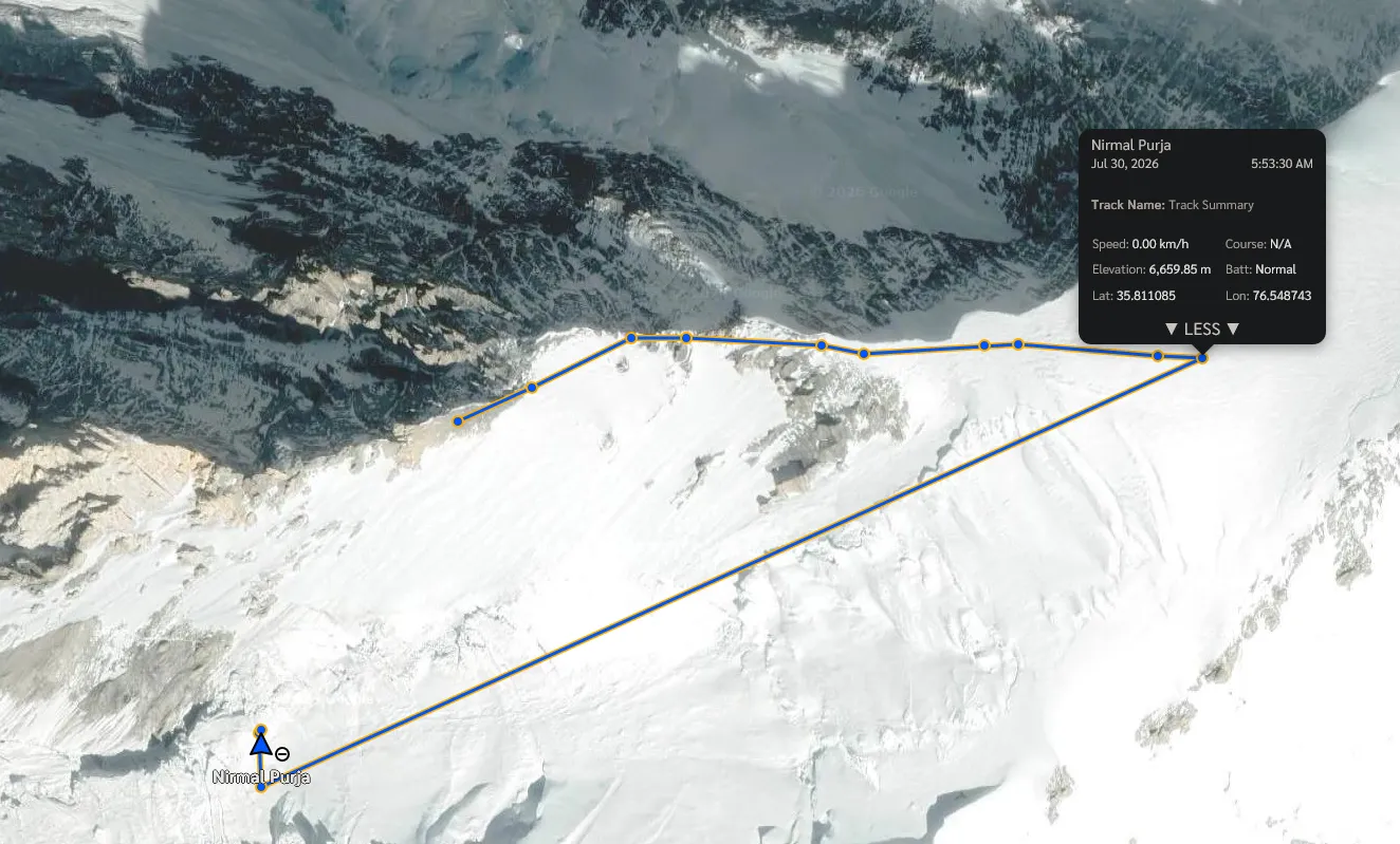 Satellite view of Broad Peak with the inReach track overlaid; the last waypoint's popup reads Jul 30, 2026, 5:53:30 AM — Elevation 6,659.85 m, Lat 35.811085, Lon 76.548743