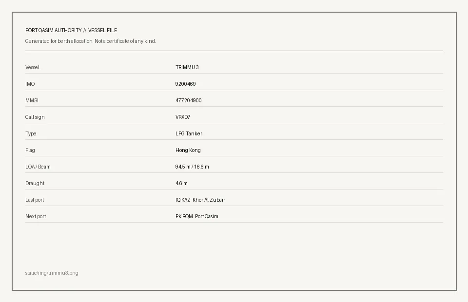 The carrier file renders as a harmless Port Qasim Authority vessel sheet — nothing about the image betrays the ZIP archive sitting after its IEND chunk.
