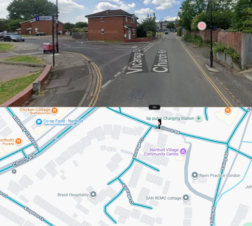 The junction from the van's position — Vicarage Close branches left off Church Road, and the map below confirms it dead-ends: a cul-de-sac with exactly one furthest point