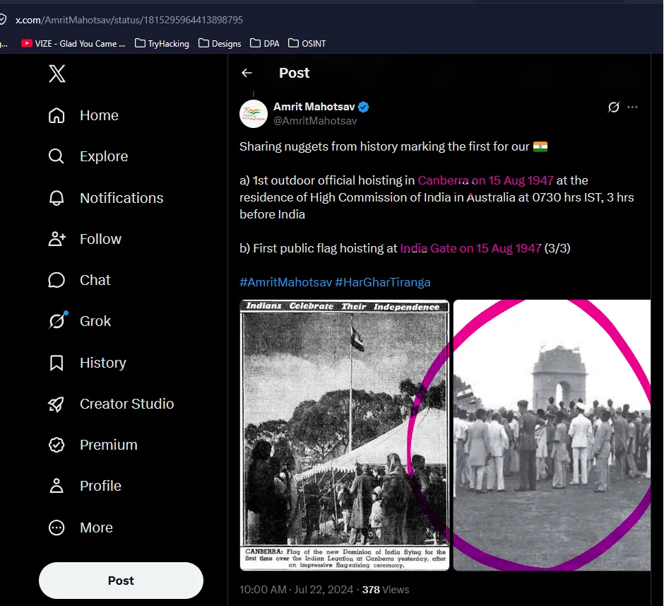 X post by the official Amrit Mahotsav account, republishing the photograph and captioning it "First public flag hoisting at India Gate on 15 Aug 1947"