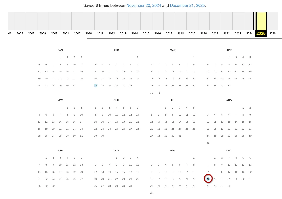 The Wayback Machine calendar for 2025 with captures on 23 February and 21 December, the 21 December one circled