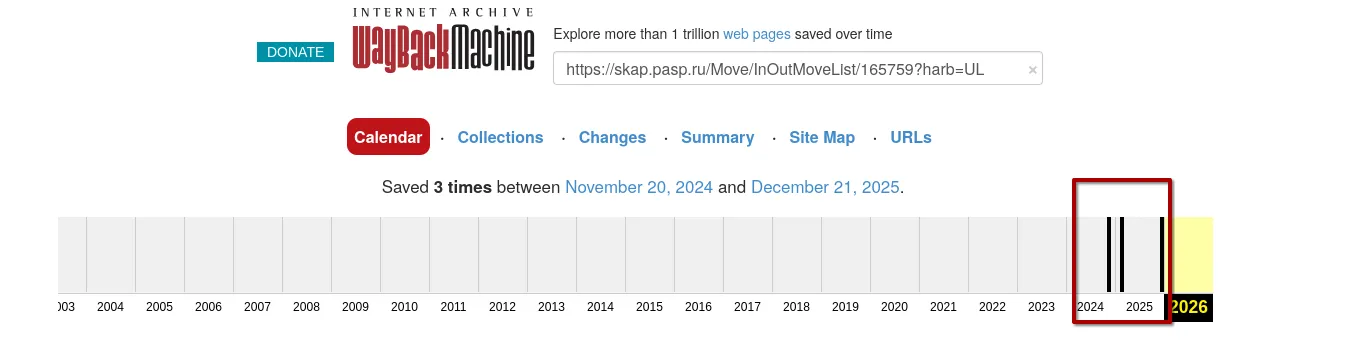 Wayback Machine result: Saved 3 times between November 20, 2024 and December 21, 2025, with the capture bars at the end of 2024 and in 2025 boxed
