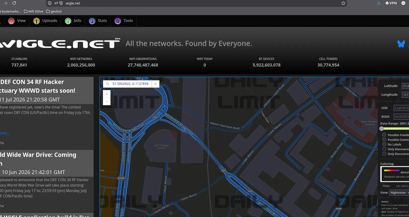 WiGLE's map centred on Lower Marsh and Westminster Bridge Road, overlaid with 'DAILY LIMIT' watermarks instead of network points
