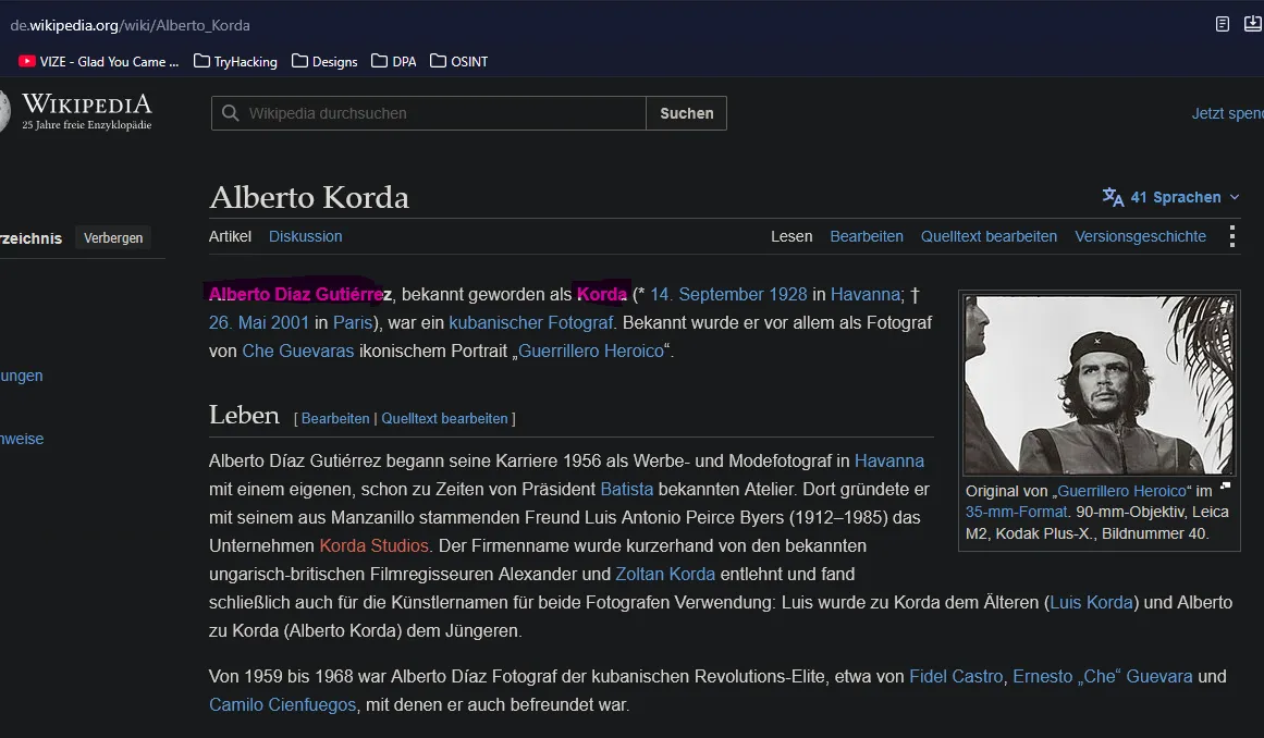 Wikipedia article on Alberto Korda, first sentence highlighted: "Alberto Díaz Gutiérrez, bekannt geworden als Korda" — the birth name and the credited name in one line