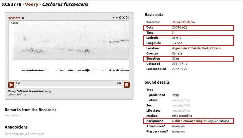 The xeno-canto record page for XC83778: a sonogram of the Veery song, and the basic data table with recordist Jelmer Poelstra, date 2008-05-27, latitude 45.919, longitude -77.583, Algonquin Provincial Park, Ontario, elevation 50 m, uploaded 2011-07-19; under sound details the background species is Golden-crowned Kinglet, Regulus satrapa